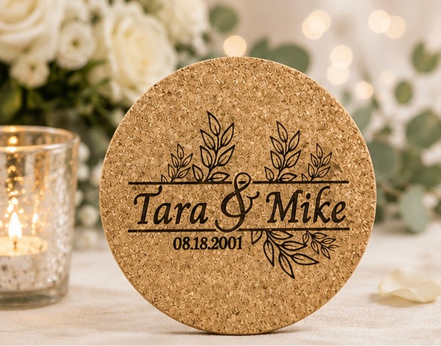 Rustic Leaf Personalized Wedding Cork Coasters