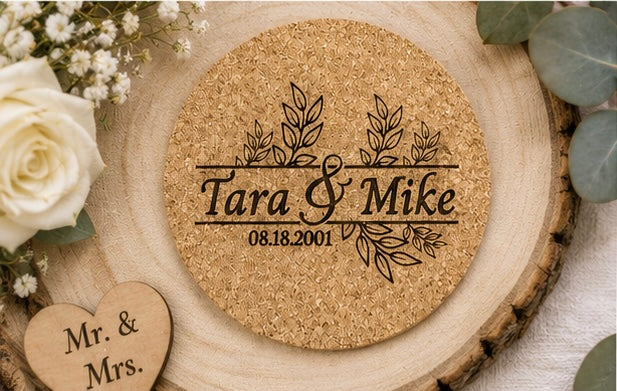 Rustic Leaf Personalized Wedding Cork Coasters