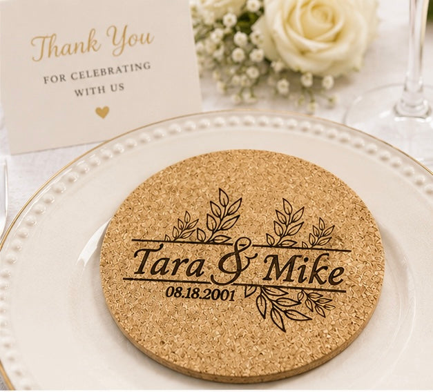 Rustic Leaf Personalized Wedding Cork Coasters