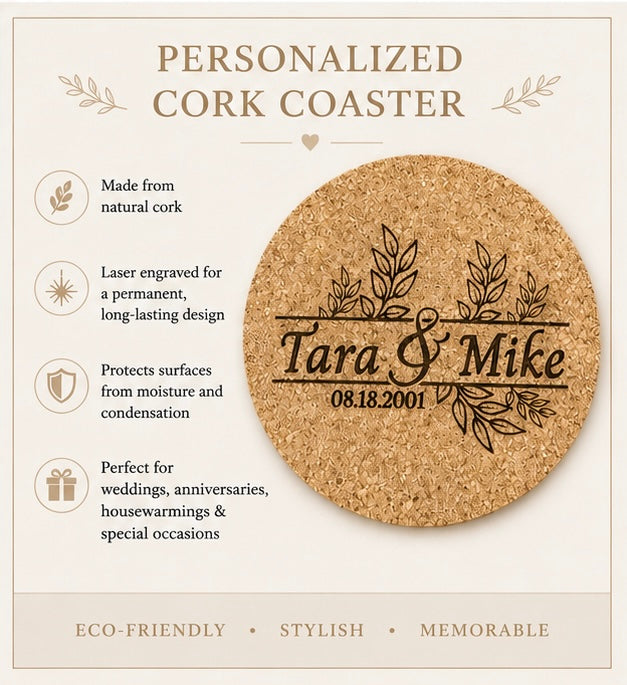 Rustic Leaf Personalized Wedding Cork Coasters