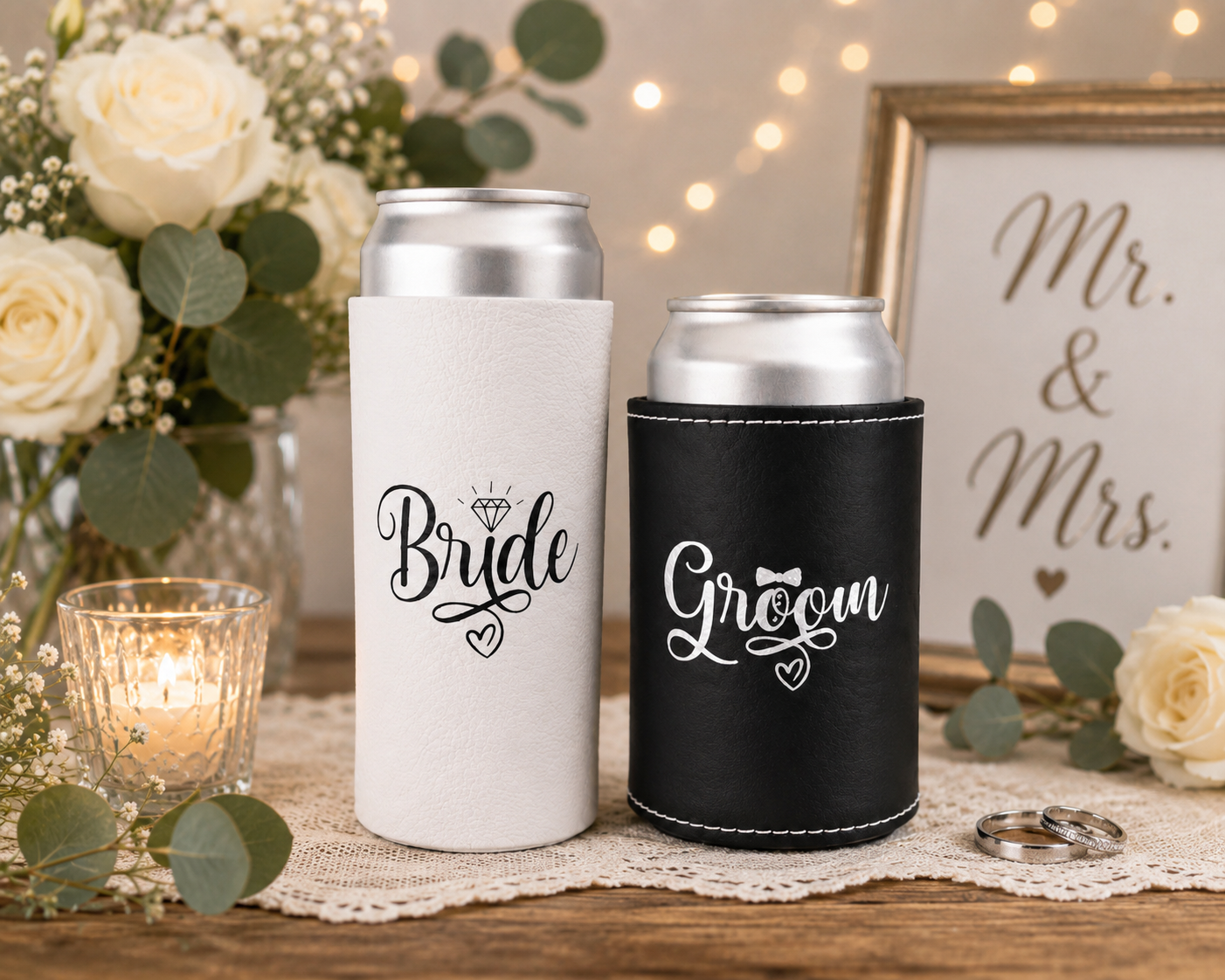 Bride & Groom Leatherette Can Cooler Duo