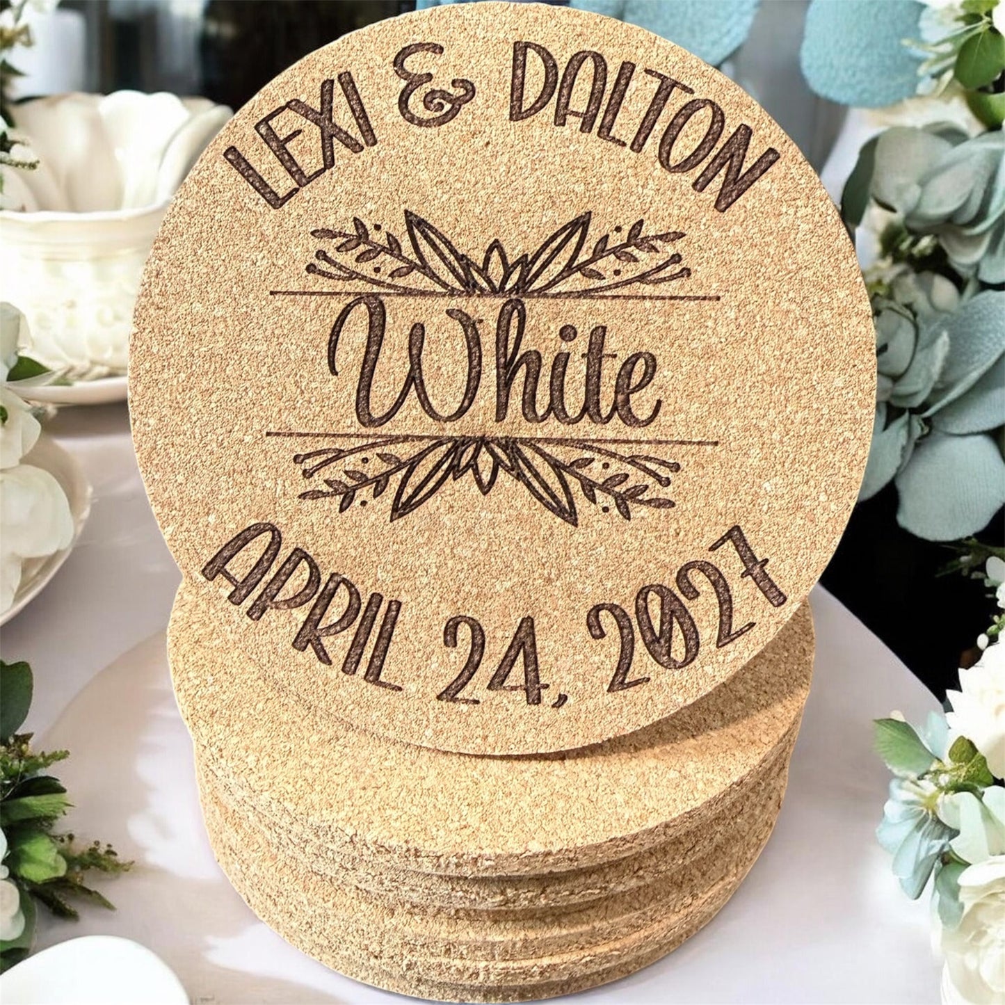 Botanical Script Personalized Wedding Cork Coasters