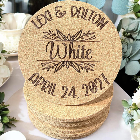 Botanical Script Personalized Wedding Cork Coasters