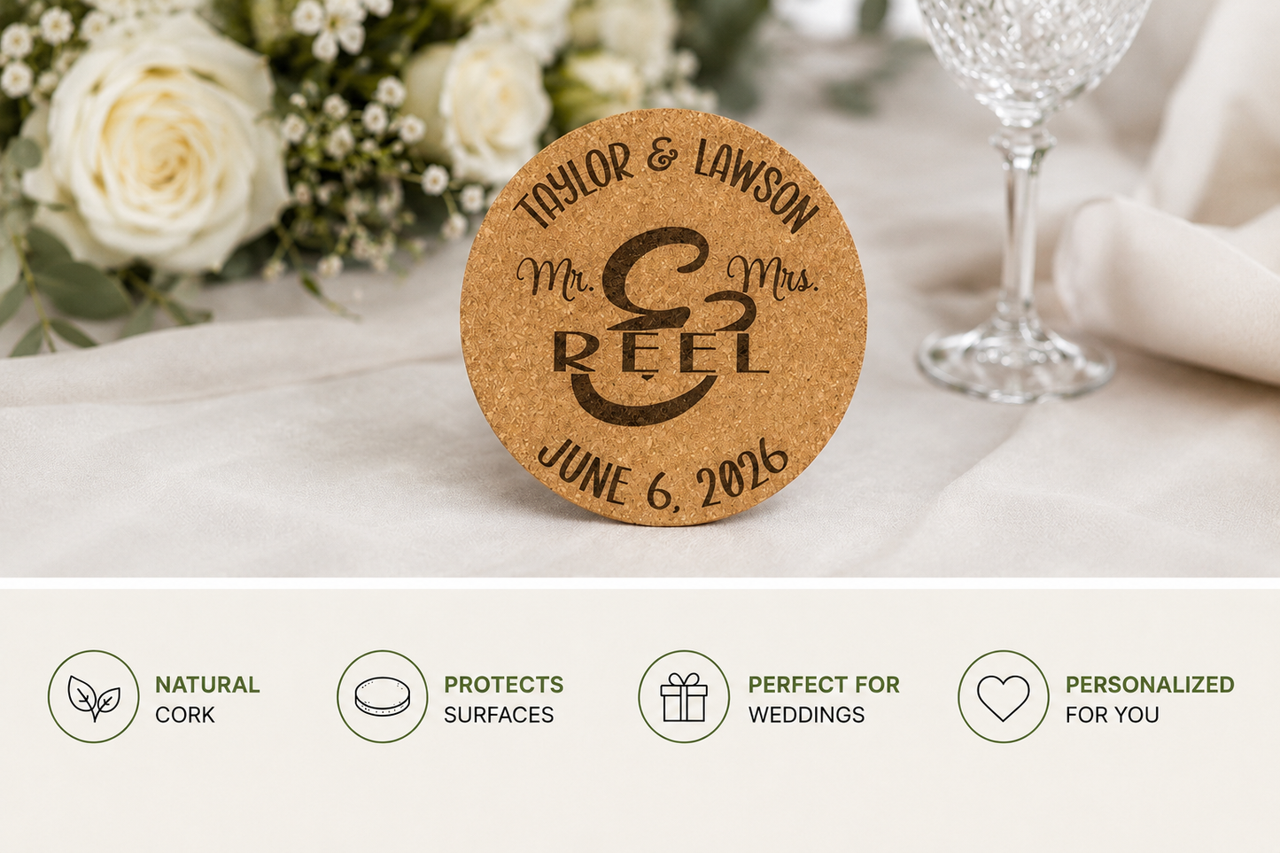 Modern Personalized Mr. & Mrs. Wedding Cork Coasters