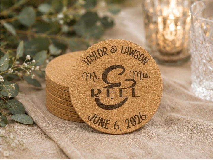 Modern Personalized Mr. & Mrs. Wedding Cork Coasters