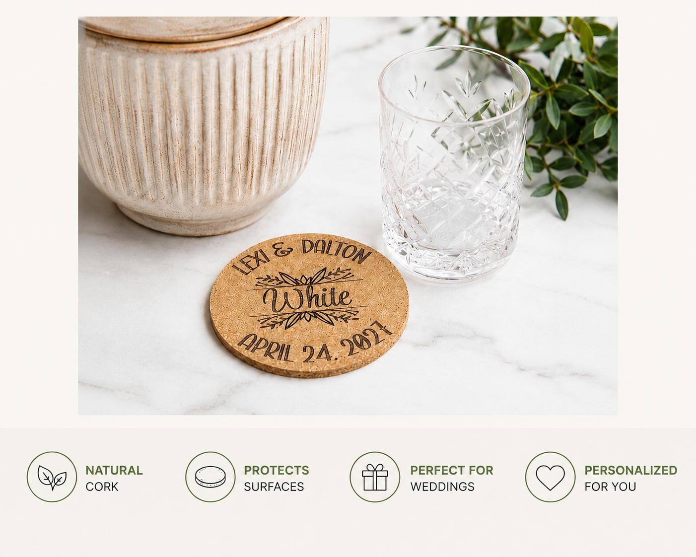 Botanical Script Personalized Wedding Cork Coasters