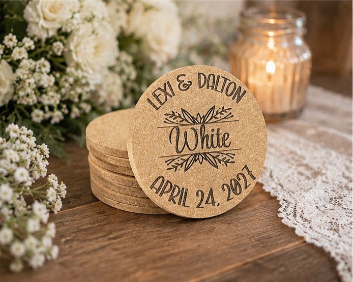 Botanical Script Personalized Wedding Cork Coasters