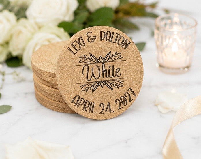 Botanical Script Personalized Wedding Cork Coasters