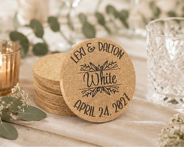 Botanical Script Personalized Wedding Cork Coasters