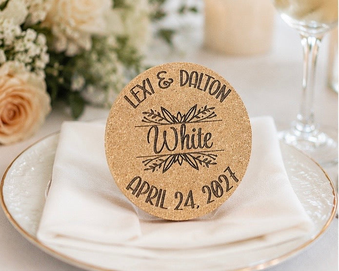 Botanical Script Personalized Wedding Cork Coasters
